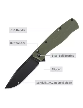 Couteau EDC SRM 221X-GP – Bowie noir 14C28N & G10 vert